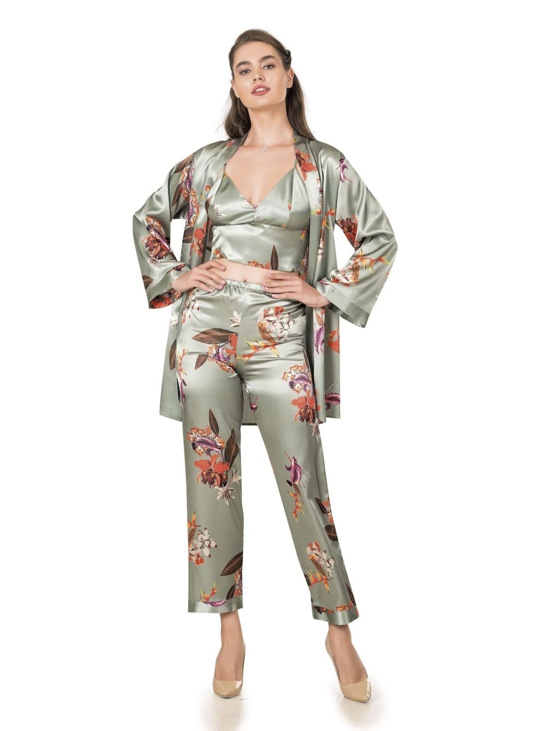 Eleganter dreiteiliger Damenpyjama, Oberteil, Hose, Bademantel, Oliv PIZ334 - Online-Shop - Boutique